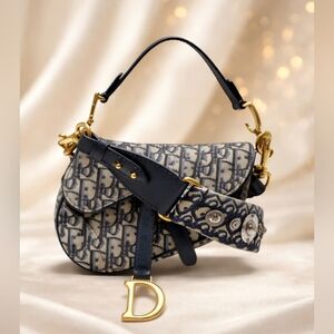 Authentic Dior Saddle Bag Oblique Canvas Navy Blue Shoulder Bag